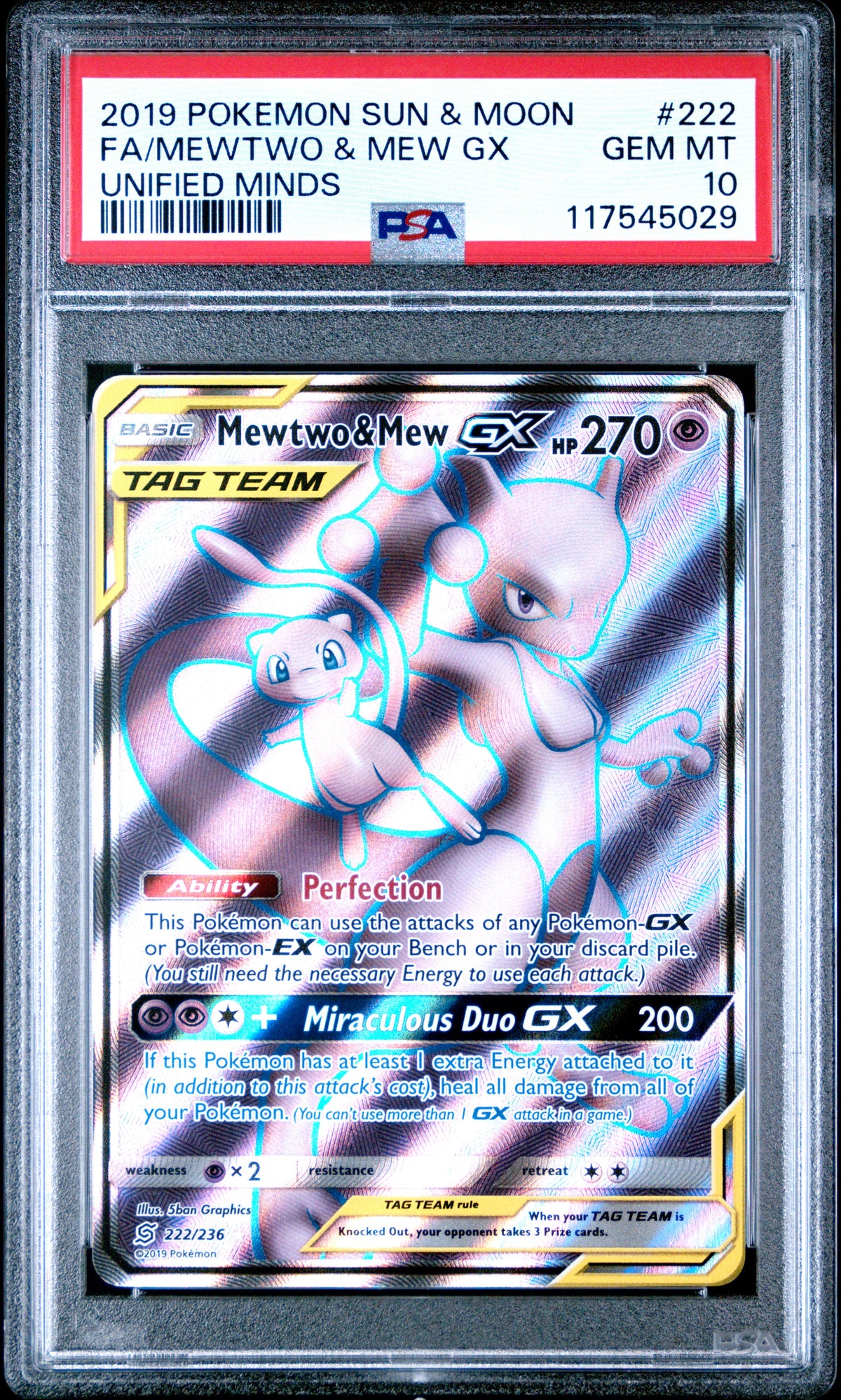 2019 POKEMON SUN & MOON UNIFIED MINDS FA/MEWTWO & MEW GX #222 UNIFIED MINDS PSA 10