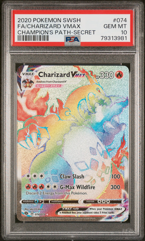 2020 POKEMON SWORD & SHIELD CHAMPION'S PATH FA/CHARIZARD VMAX #074 PSA 10 - Image 1