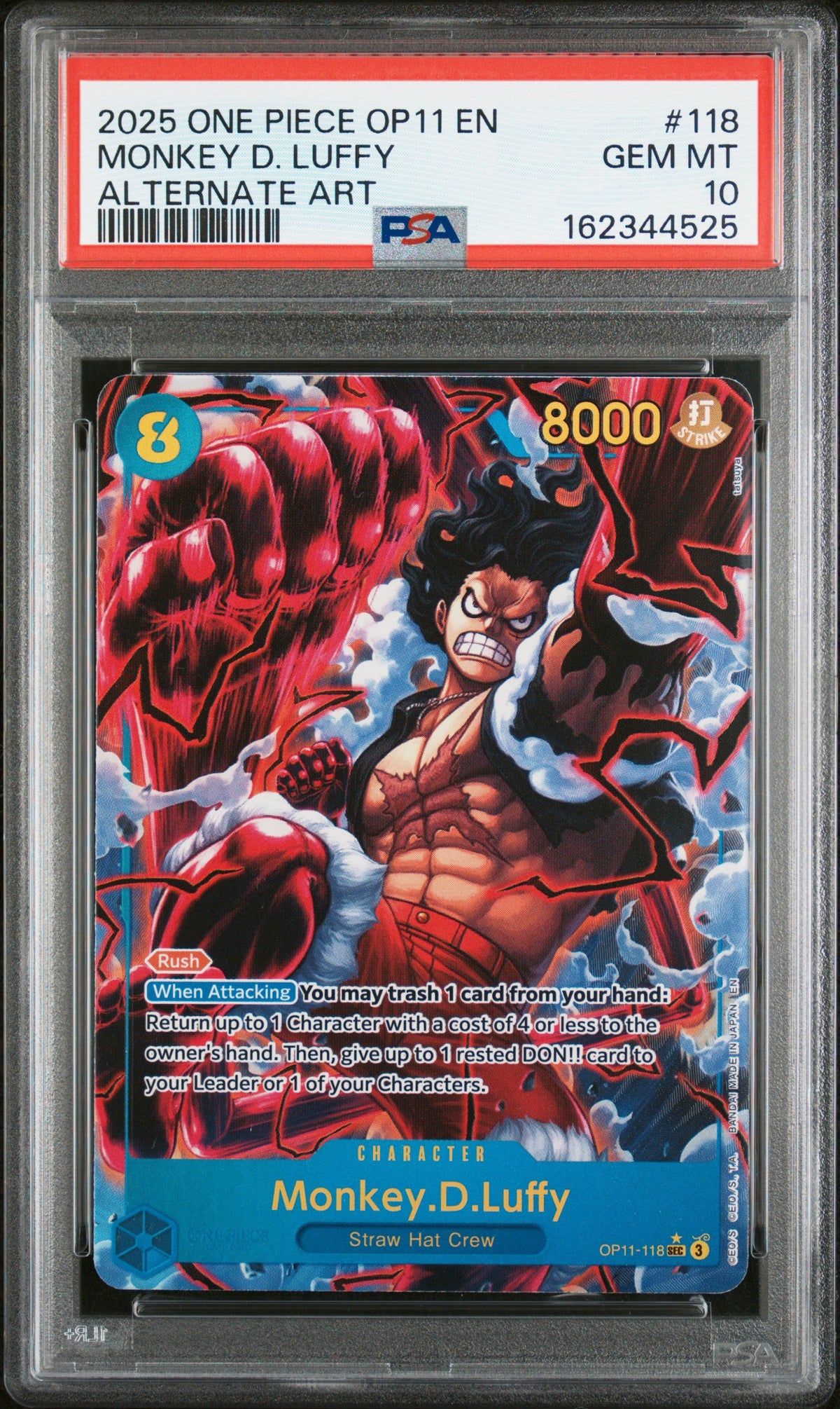 2025 ONE PIECE OP11-A FIST OF DIVINE SPEED MONKEY D. LUFFY #118 ALTERNATE ART PSA 10