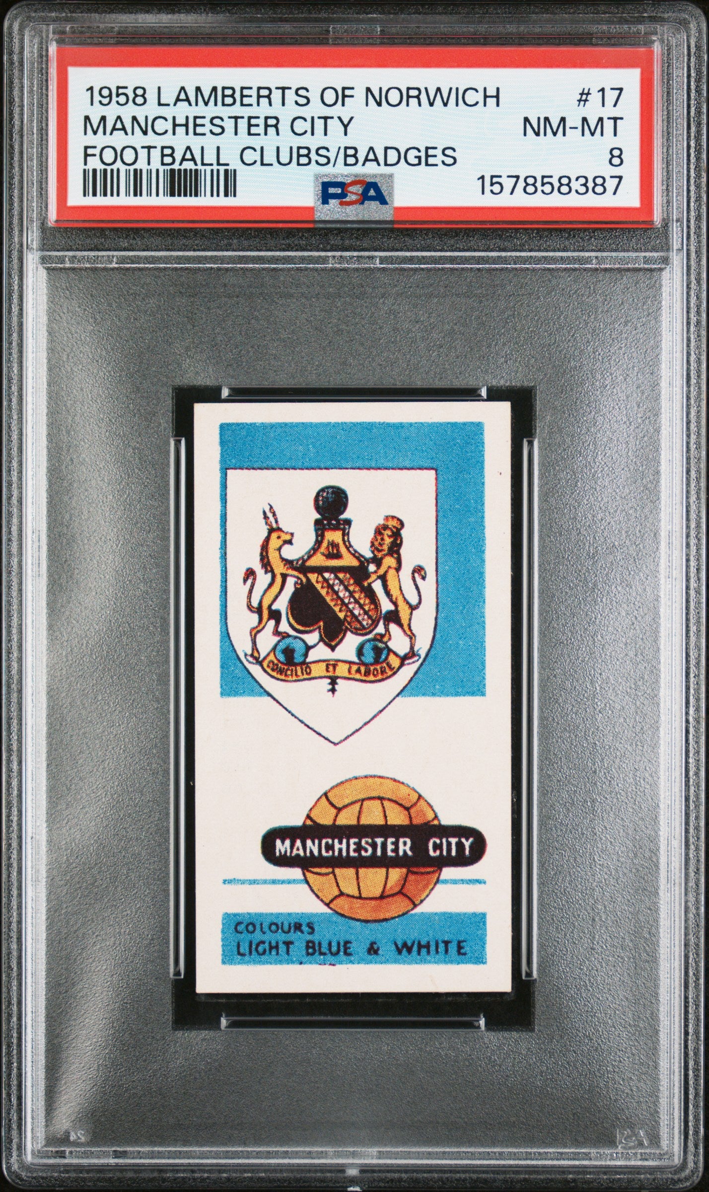 1958 LAMBERTS OF NORWICH FOOTBALL CLUBS AND BADGES MANCHESTER CITY #17 PSA 8