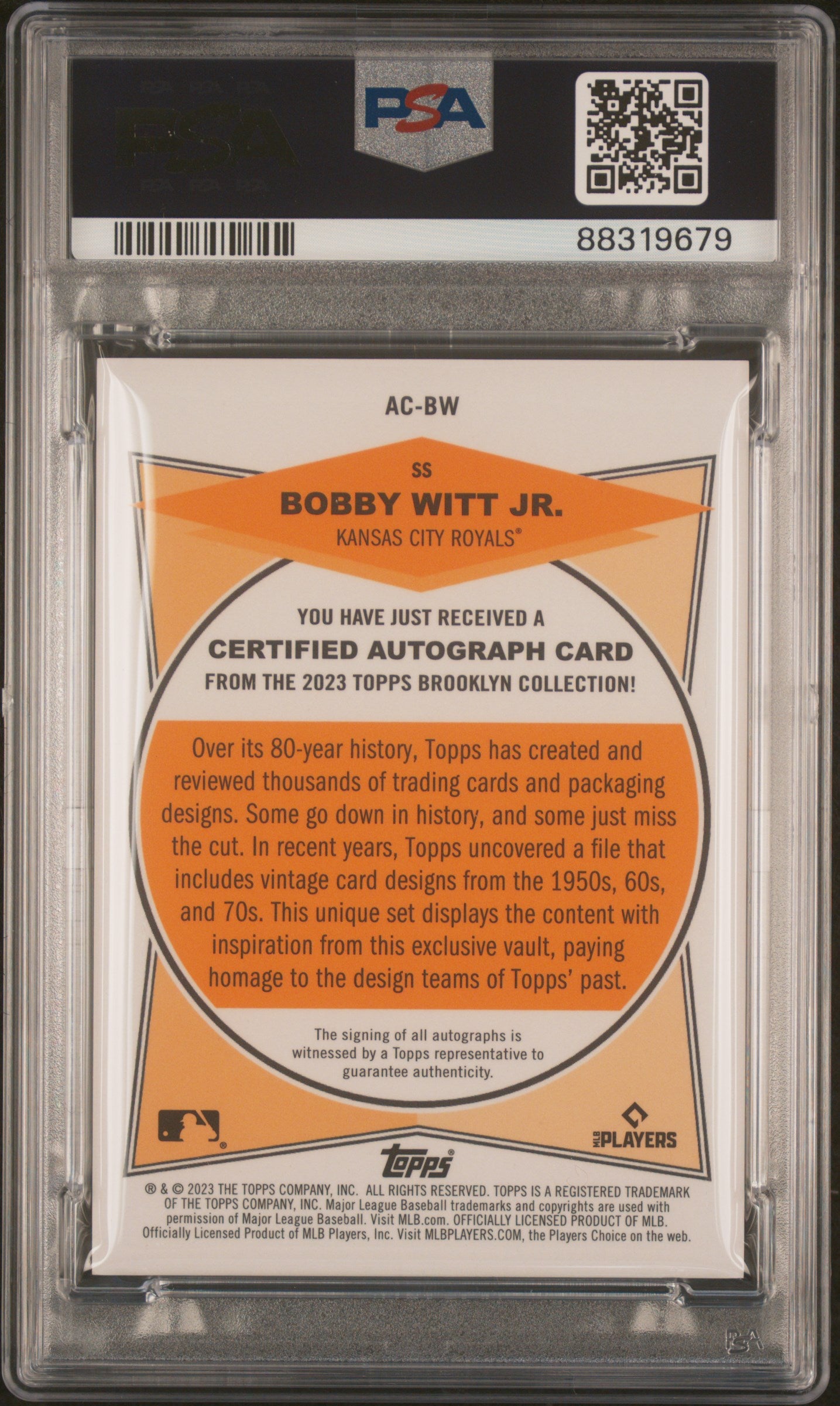 2023 TOPPS BROOKLYN COLLECTION AUTOGRAPH BOBBY WITT JR. #BW AUTOGRAPH-PURPLE PSA 9
