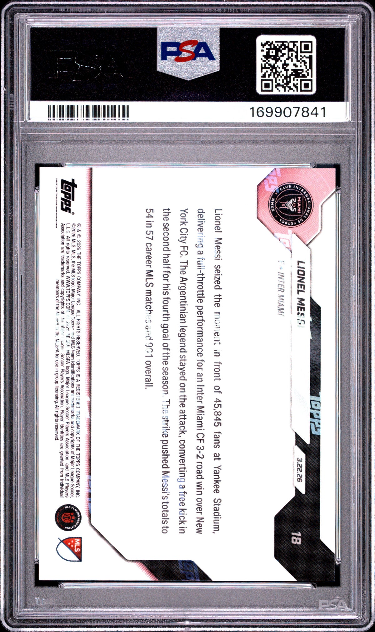 2026 TOPPS NOW MLS LIONEL MESSI #18 PSA 10
