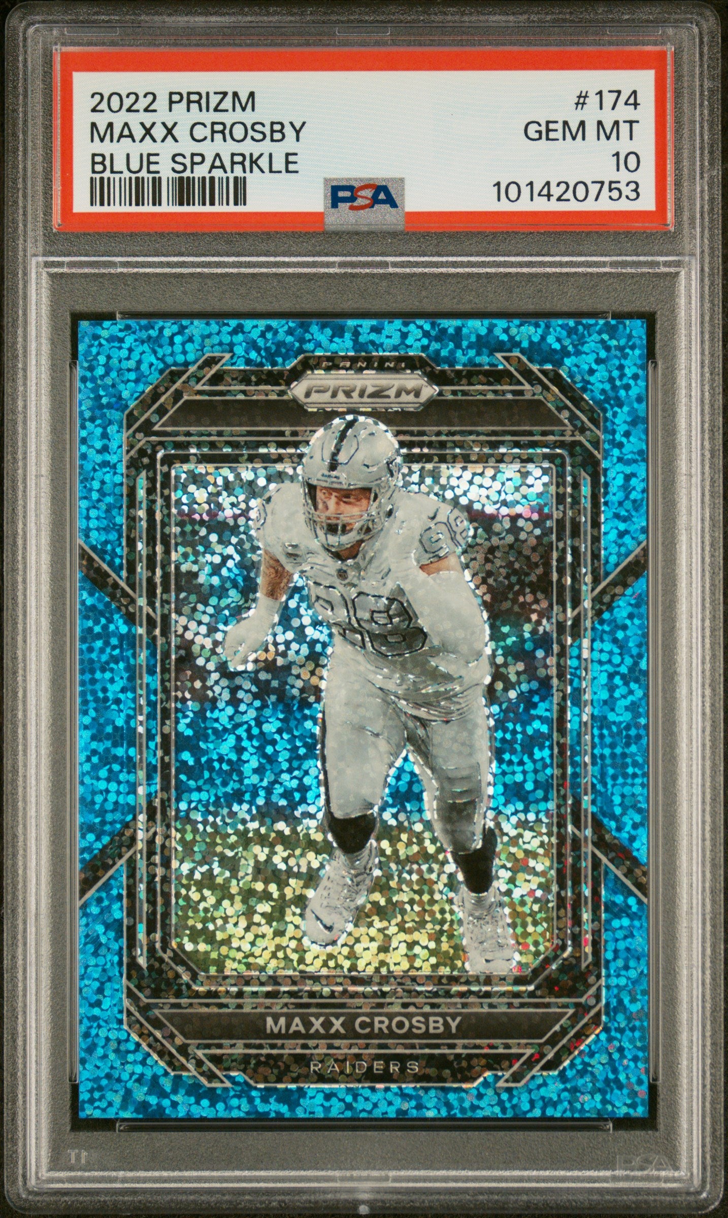 2022 PANINI PRIZM MAXX CROSBY #174 BLUE SPARKLE PSA 10