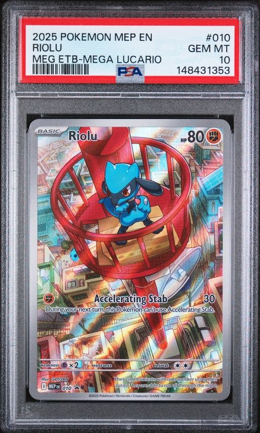 2025 POKEMON MEP EN-ME BLACK STAR PROMO RIOLU #010 MEG ETB-MEGA LUCARIO PSA 10