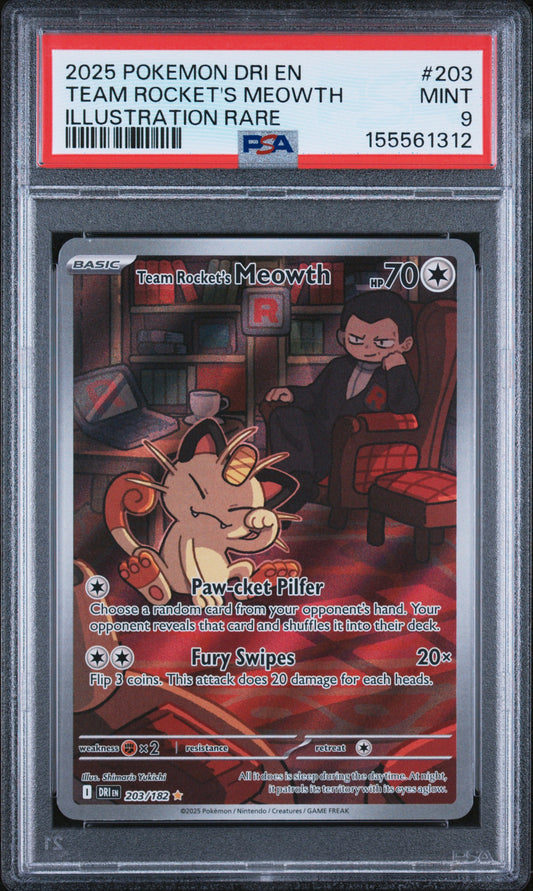 2025 POKEMON DRI EN-DESTINED RIVALS TEAM ROCKET'S MEOWTH #203 ILLUSTRATION RARE PSA 9