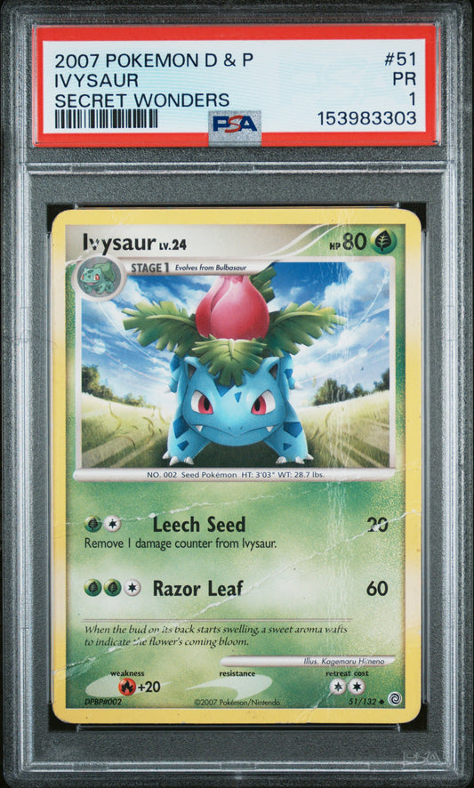 2007 POKEMON DIAMOND & PEARL SECRET WONDERS IVYSAUR #51 SECRET WONDERS PSA 1