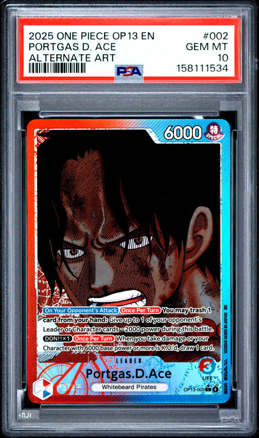 2025 ONE PIECE OP13-CARRYING ON HIS WILL PORTGAS D. ACE #002 ALTERNATE ART PSA 10