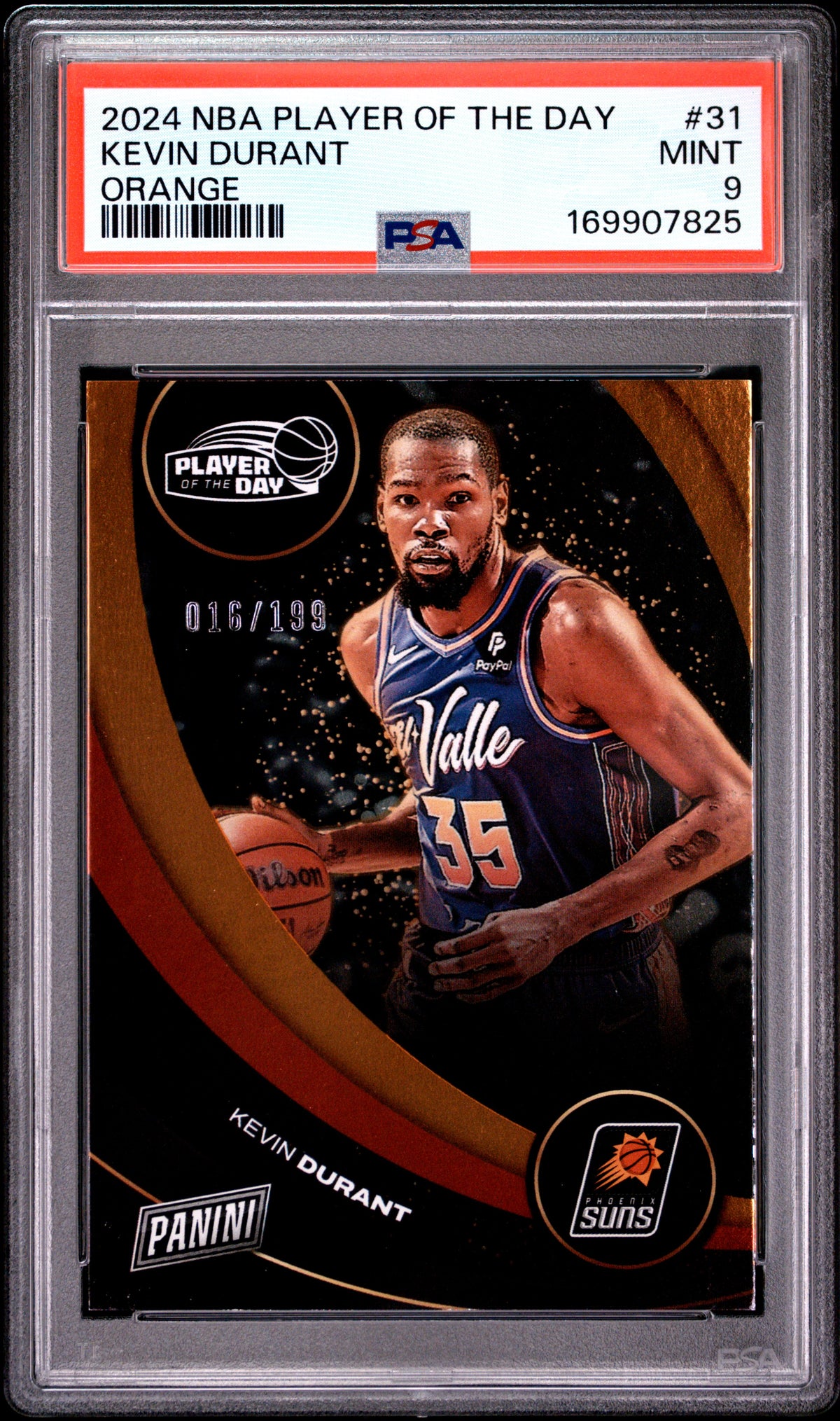 2024 PANINI NBA PLAYER OF THE DAY KEVIN DURANT #31 ORANGE PSA 9