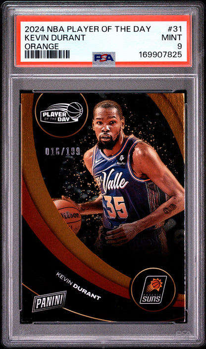 2024 PANINI NBA PLAYER OF THE DAY KEVIN DURANT #31 ORANGE PSA 9