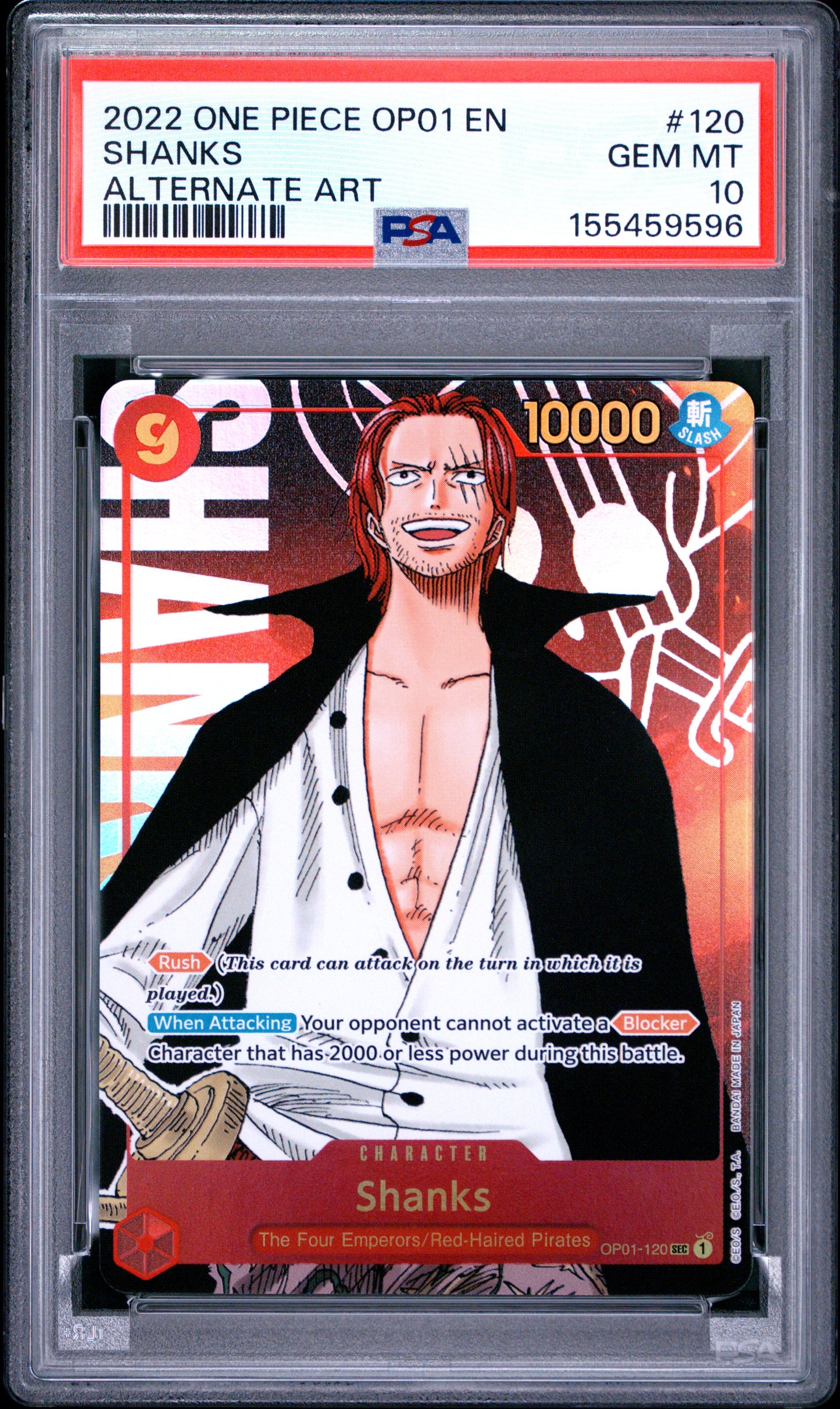 2022 ONE PIECE OP01-ROMANCE DAWN SHANKS #120 ALTERNATE ART PSA 10