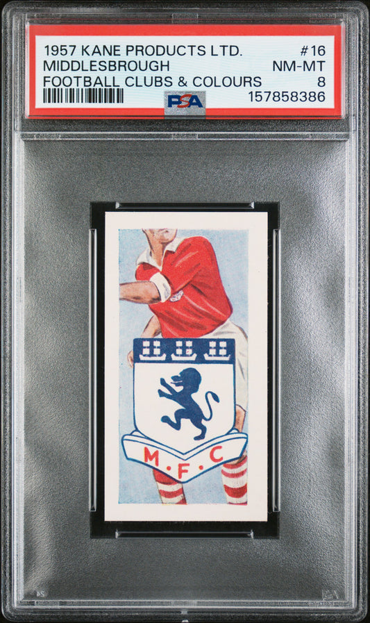 1957 KANE PRODUCTS LTD. FOOTBALL CLUBS & COLOURS MIDDLESBROUGH #16 FOOTBALL CLUBS & COLOURS PSA 8