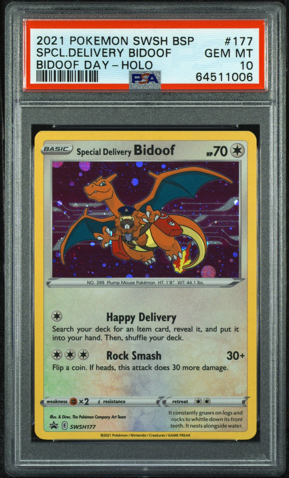 2021 POKEMON SWSH BLACK STAR PROMO SPCL.DELIVERY BIDOOF #177 BIDOOF DAY-HOLO PSA 10