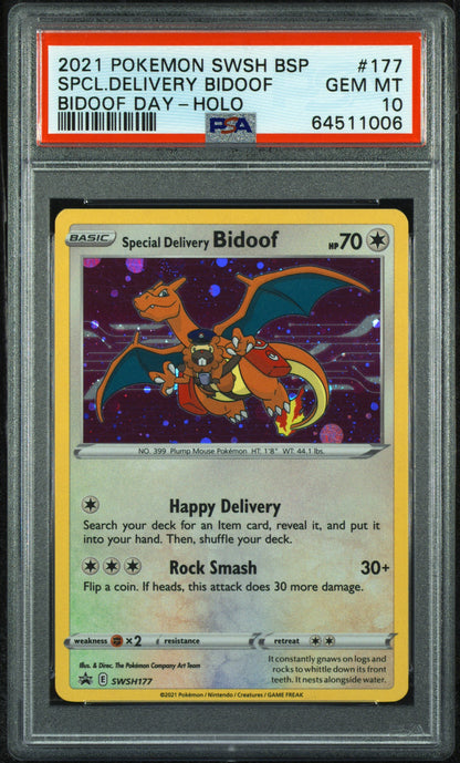 2021 POKEMON SWSH BLACK STAR PROMO SPCL.DELIVERY BIDOOF #177 BIDOOF DAY-HOLO PSA 10