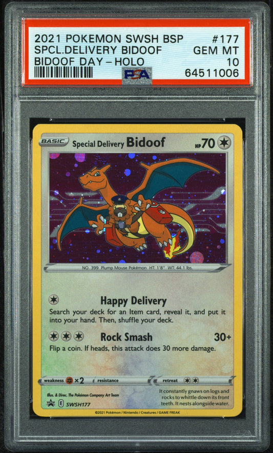2021 POKEMON SWSH BLACK STAR PROMO SPCL.DELIVERY BIDOOF #177 BIDOOF DAY-HOLO PSA 10