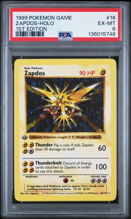 1999 POKEMON GAME ZAPDOS-HOLO #16 1ST EDITION PSA 6