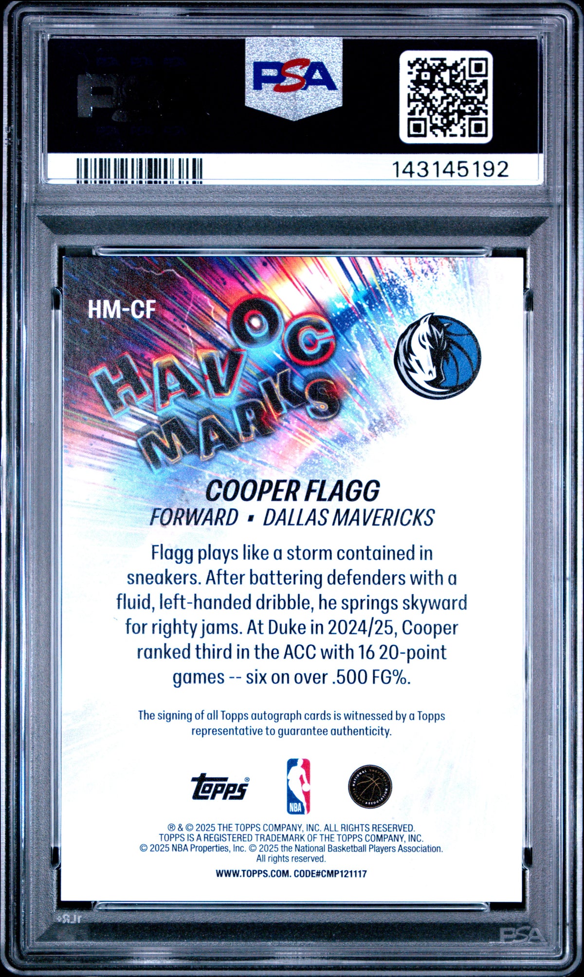 2025 TOPPS HAVOC MARKS Auto COOPER FLAGG #HM-CF PSA 9