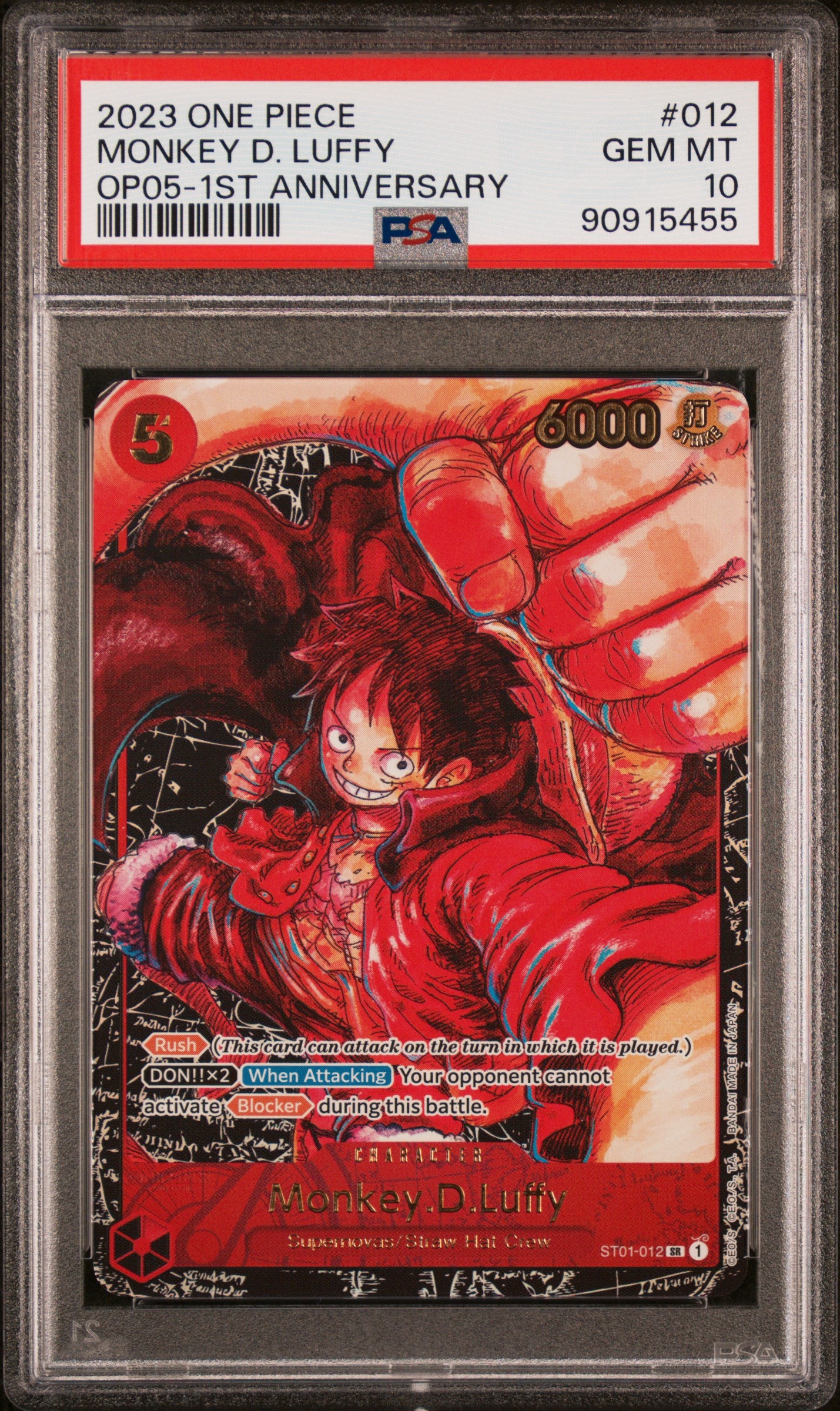 2023 ONE PIECE OP05-AWAKENING OF THE NEW ERA MONKEY D. LUFFY #012 1ST ANNIVERSARY PSA 10