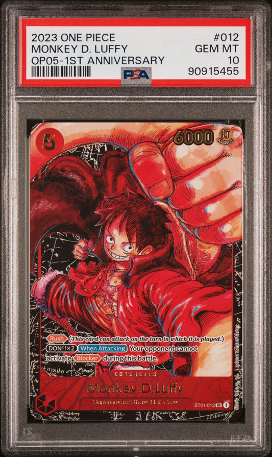 2023 ONE PIECE OP05-AWAKENING OF THE NEW ERA MONKEY D. LUFFY #012 1ST ANNIVERSARY PSA 10
