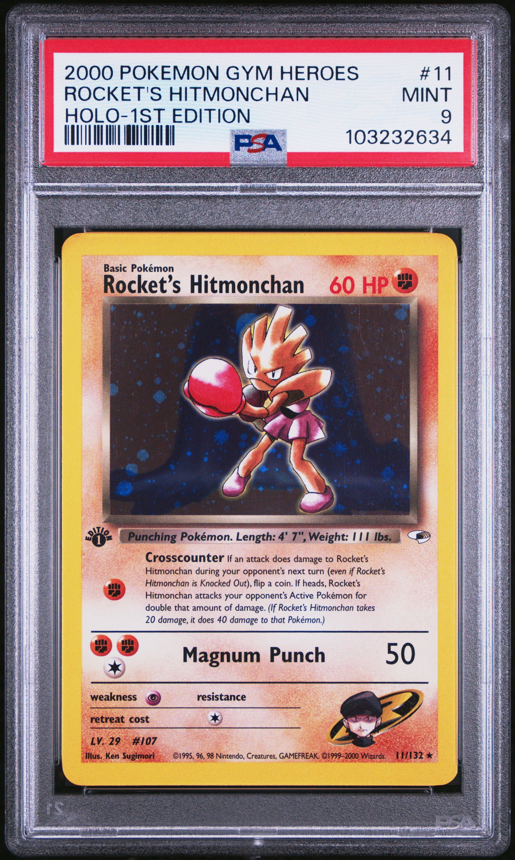 2000 POKEMON GYM HEROES ROCKET'S HITMONCHAN #11 HOLO-1ST EDITION PSA 9