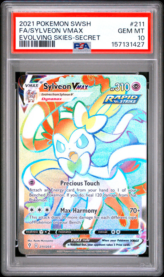 2021 POKEMON SWORD & SHIELD EVOLVING SKIES FA/SYLVEON VMAX #211 EVOLVING SKIES-SECRET PSA 10