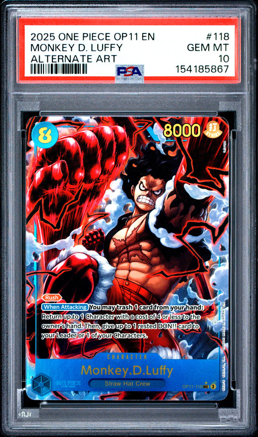 2025 ONE PIECE OP11-A FIST OF DIVINE SPEED MONKEY D. LUFFY #118 ALTERNATE ART PSA 10