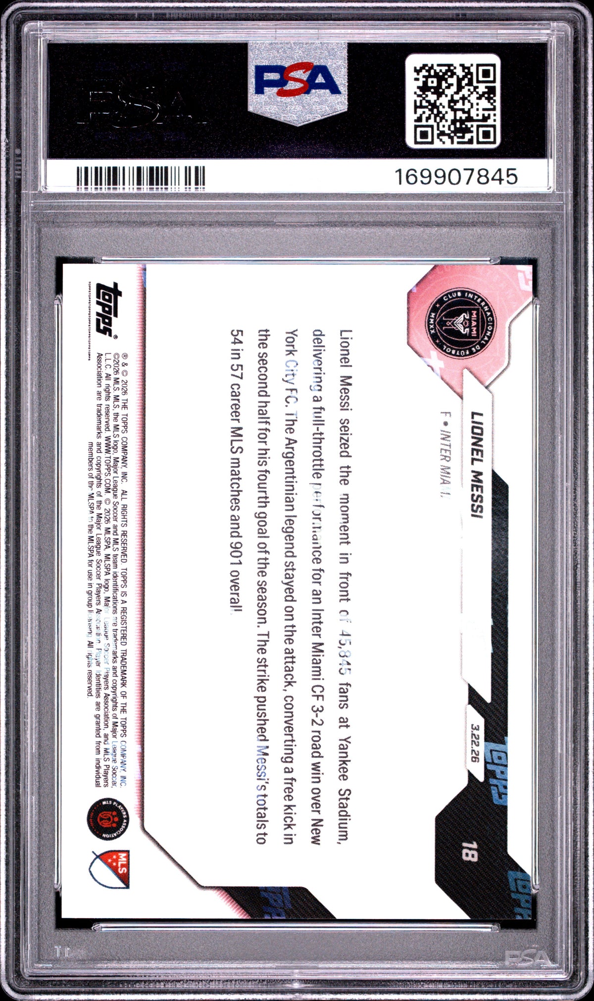 2026 TOPPS NOW MLS LIONEL MESSI #18 PSA 10