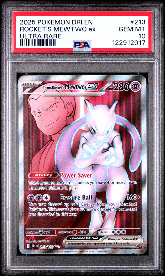 2025 POKEMON DRI EN-DESTINED RIVALS ROCKET'S MEWTWO ex #213 ULTRA RARE PSA 10