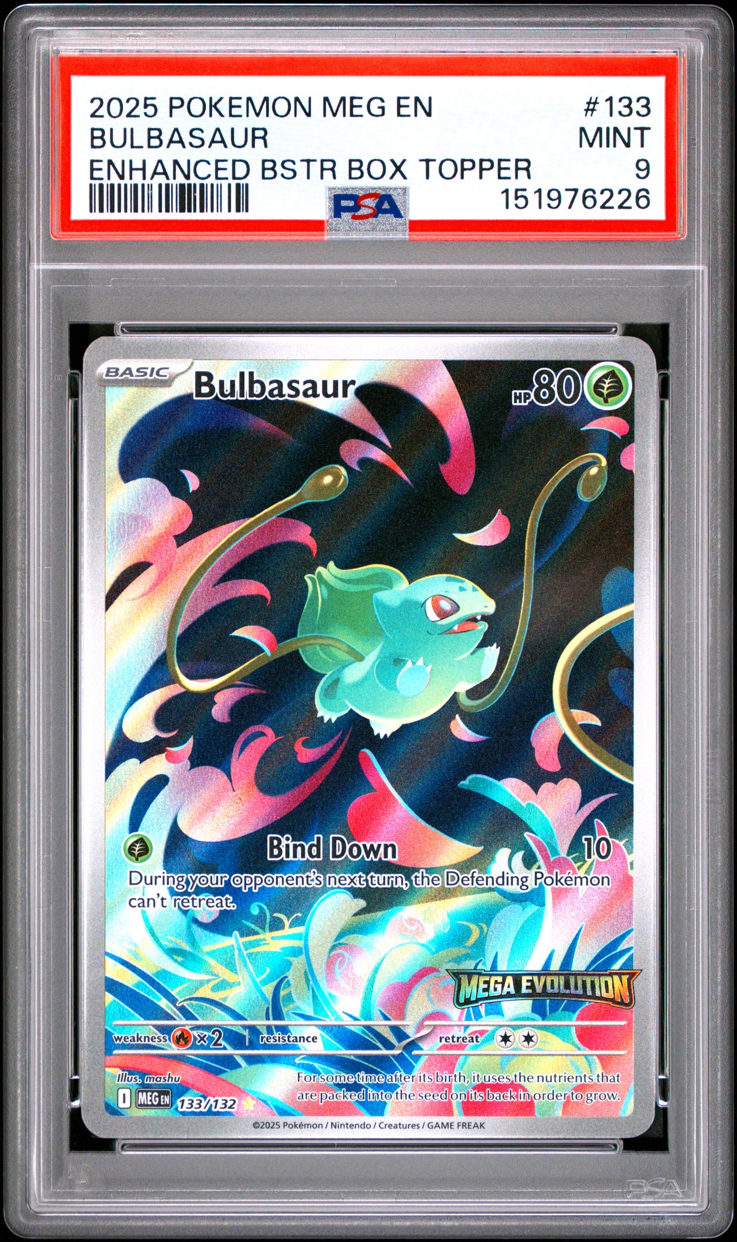 2025 POKEMON MEG EN-MEGA EVOLUTION BULBASAUR #133 ENHANCED BSTR BOX TOPPER PSA 9