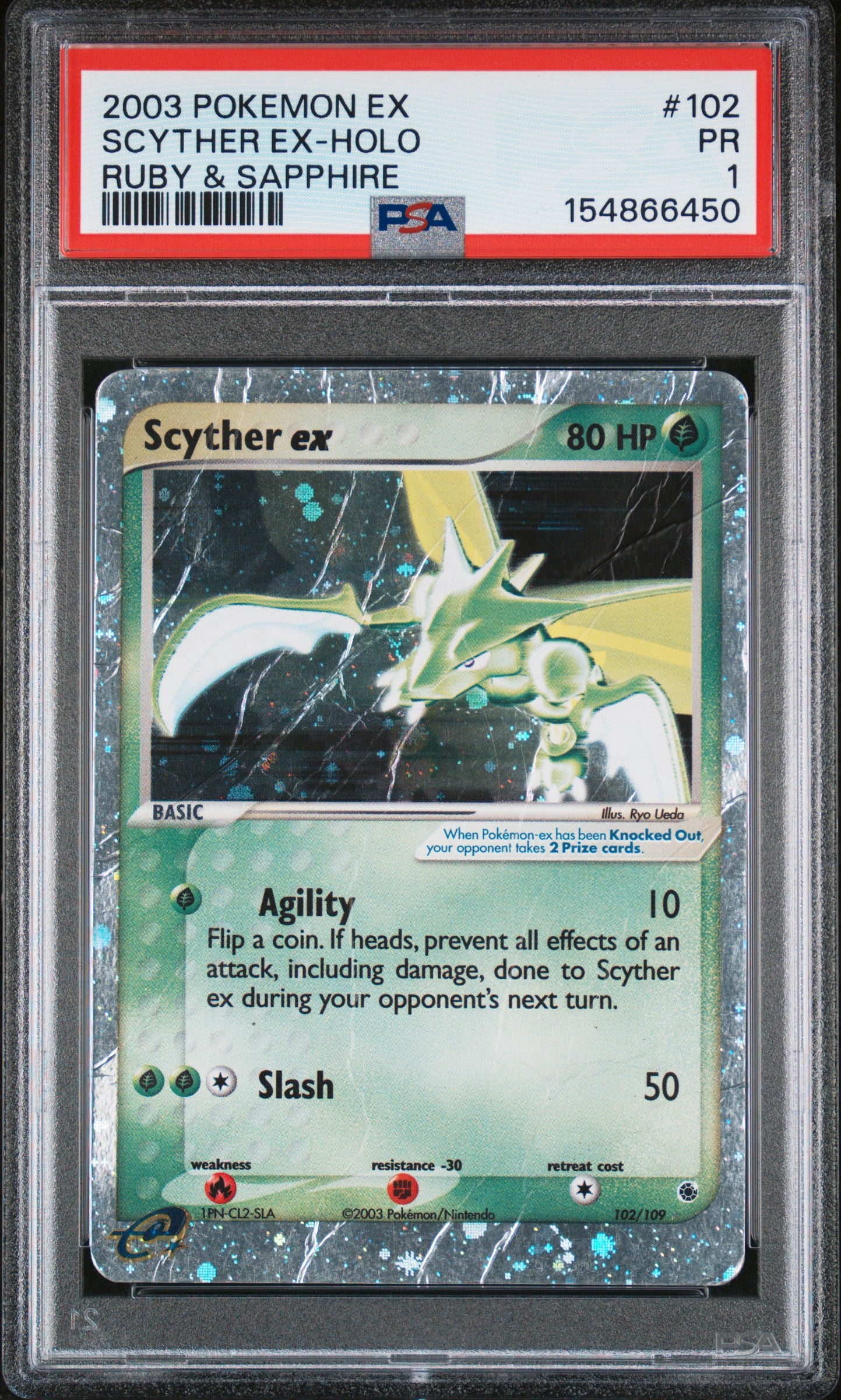 2003 POKEMON EX RUBY & SAPPHIRE SCYTHER EX-HOLO #102 RUBY & SAPPHIRE PSA 1