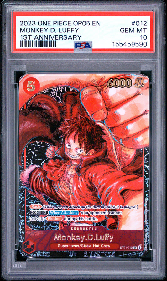 2023 ONE PIECE OP05-AWAKENING OF THE NEW ERA MONKEY D. LUFFY #012 1ST ANNIVERSARY PSA 10