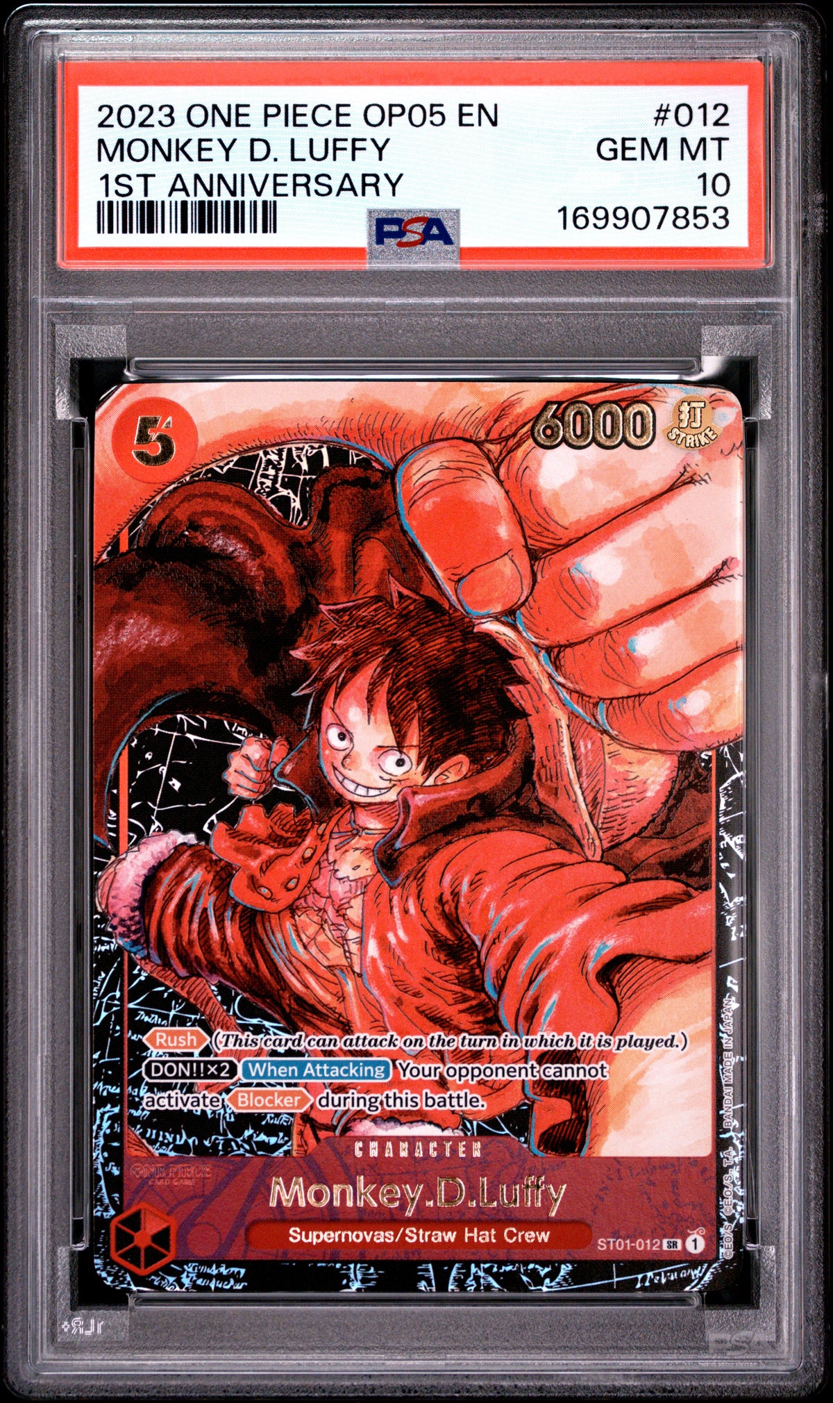 2023 ONE PIECE OP05-AWAKENING OF THE NEW ERA MONKEY D. LUFFY #012 1ST ANNIVERSARY PSA 10