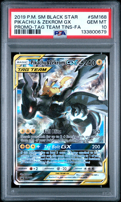2019 POKEMON SM BLACK STAR PROMO PIKACHU & ZEKROM GX #SM168 PROMO-TAG TEAM TINS-FA PSA 10