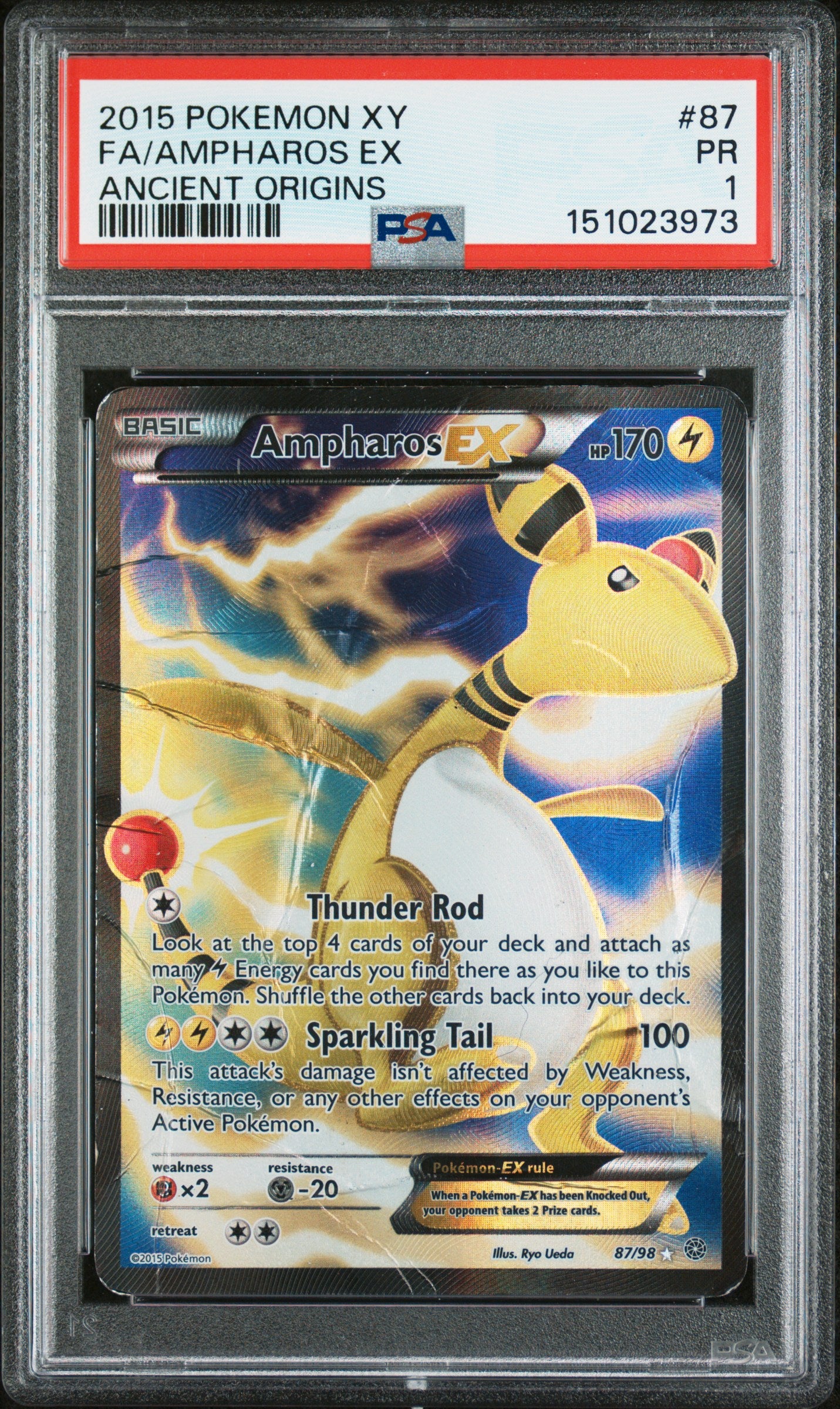 2015 POKEMON XY ANCIENT ORIGINS FA/AMPHAROS EX #87 ANCIENT ORIGINS PSA 1