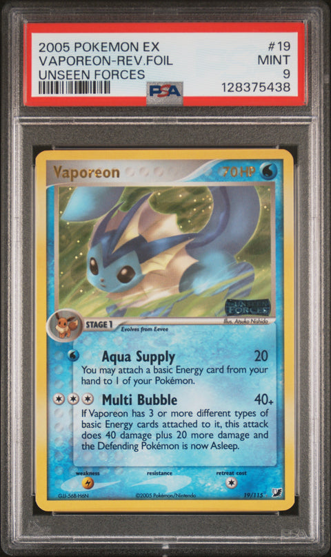 2005 POKEMON EX UNSEEN FORCES VAPOREON-REV.FOIL #19 PSA 9 - Image 1
