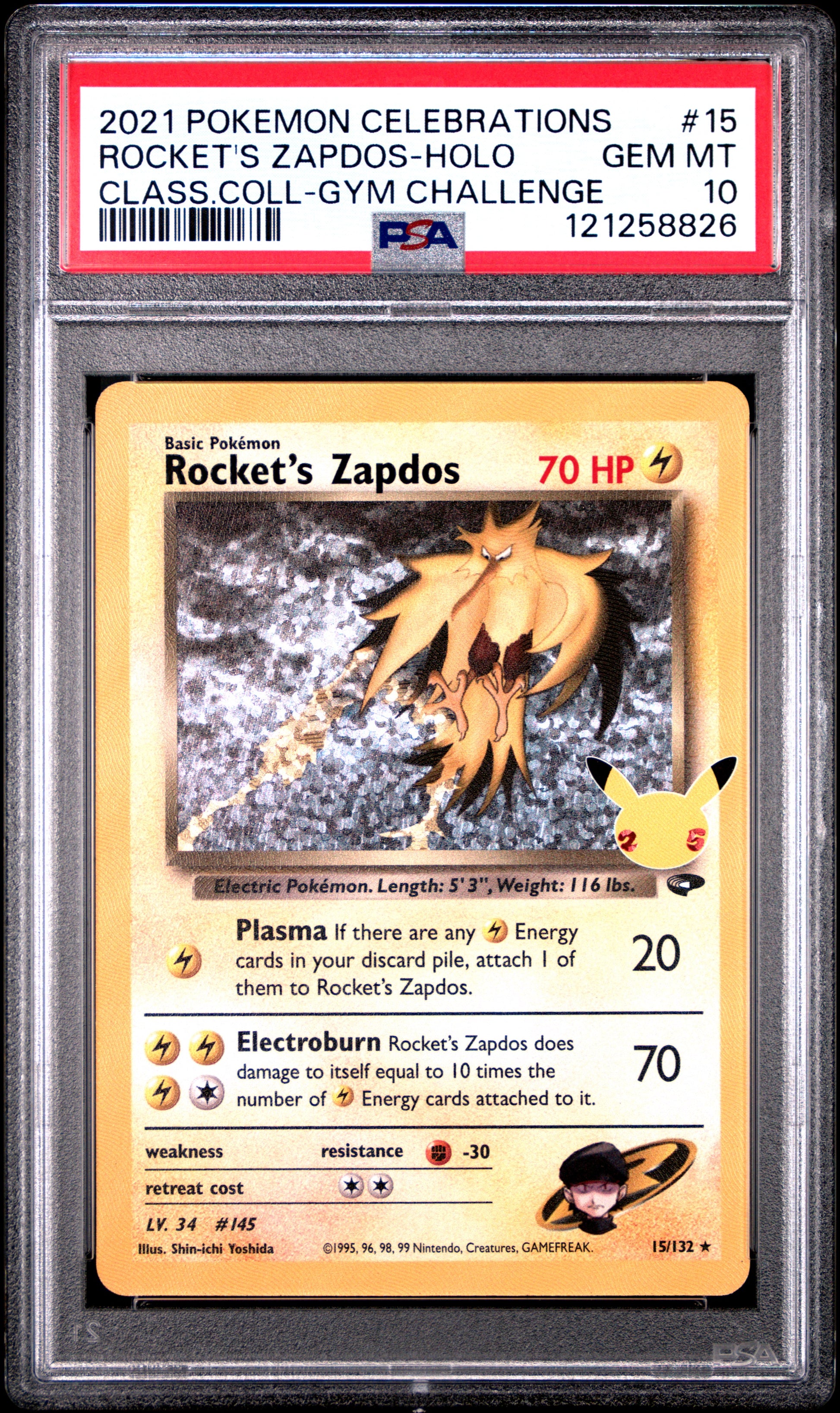 2021 POKEMON CELEBRATIONS CLASSIC COLLECTION ROCKET'S ZAPDOS-HOLO #15 CLASS.COLL-GYM CHALLENGE PSA 10