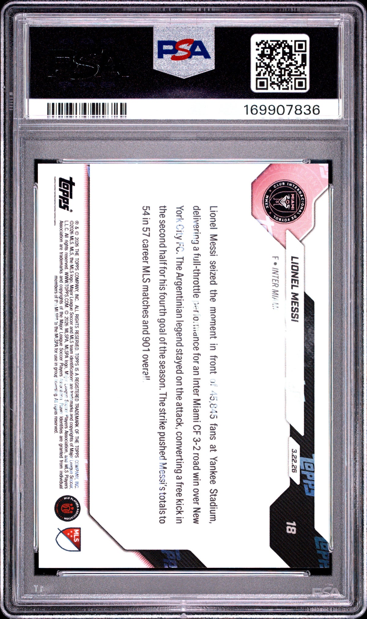 2026 TOPPS NOW MLS LIONEL MESSI #18 PSA 10