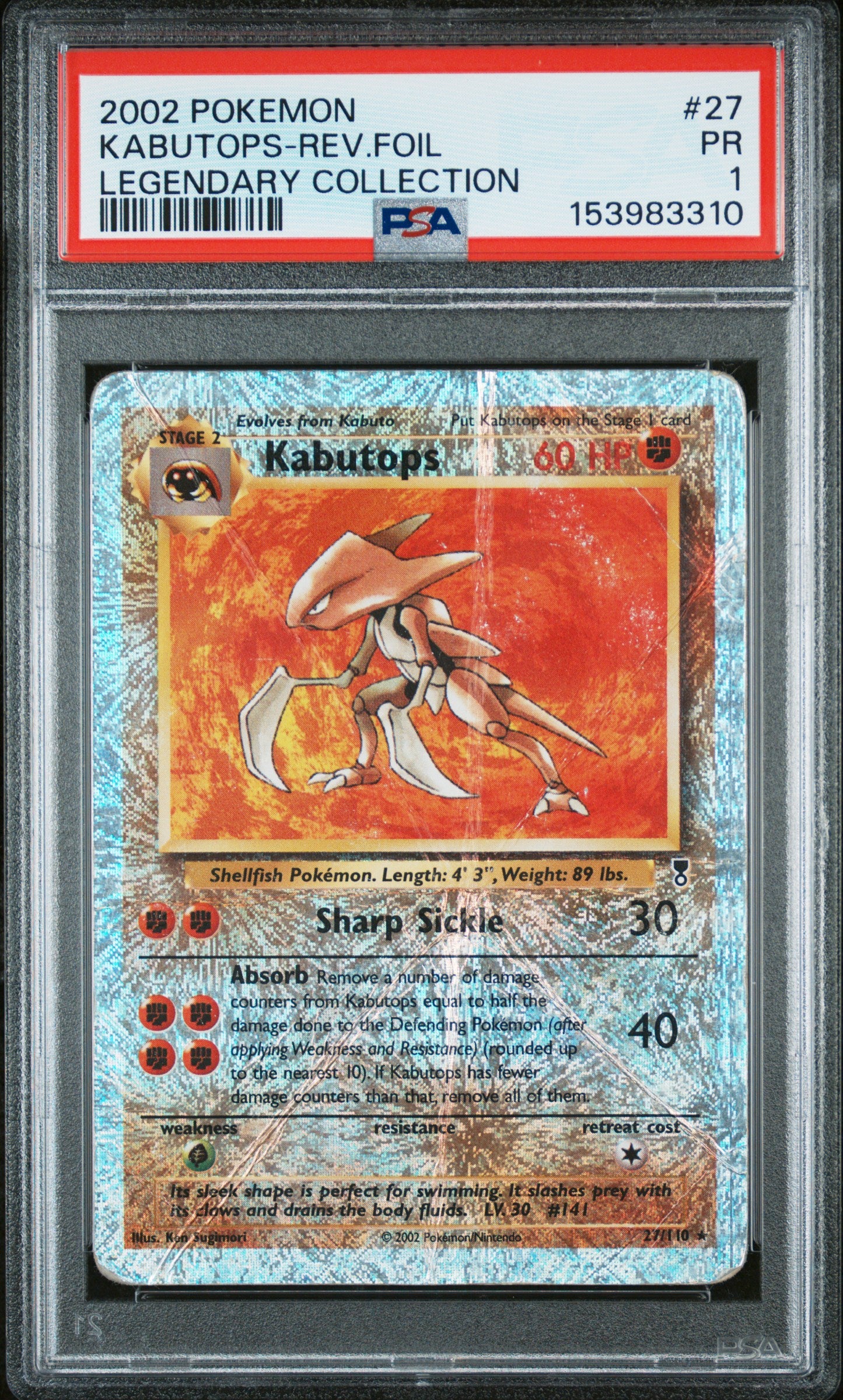 2002 POKEMON LEGENDARY COLLECTION KABUTOPS-REV.FOIL #27 LEGENDARY COLLECTION PSA 1