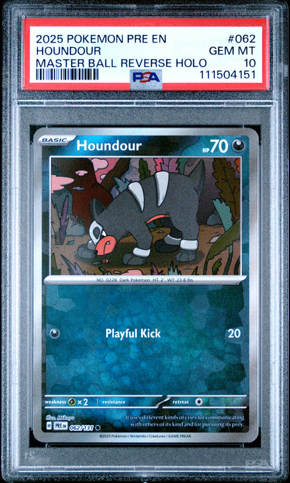 2025 POKEMON PRE EN-PRISMATIC EVOLUTIONS HOUNDOUR #062 MASTER BALL REVERSE HOLO PSA 10