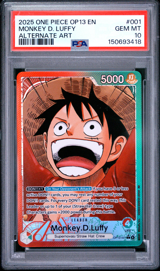 2025 ONE PIECE OP13-CARRYING ON HIS WILL MONKEY D. LUFFY #001 ALTERNATE ART PSA 10