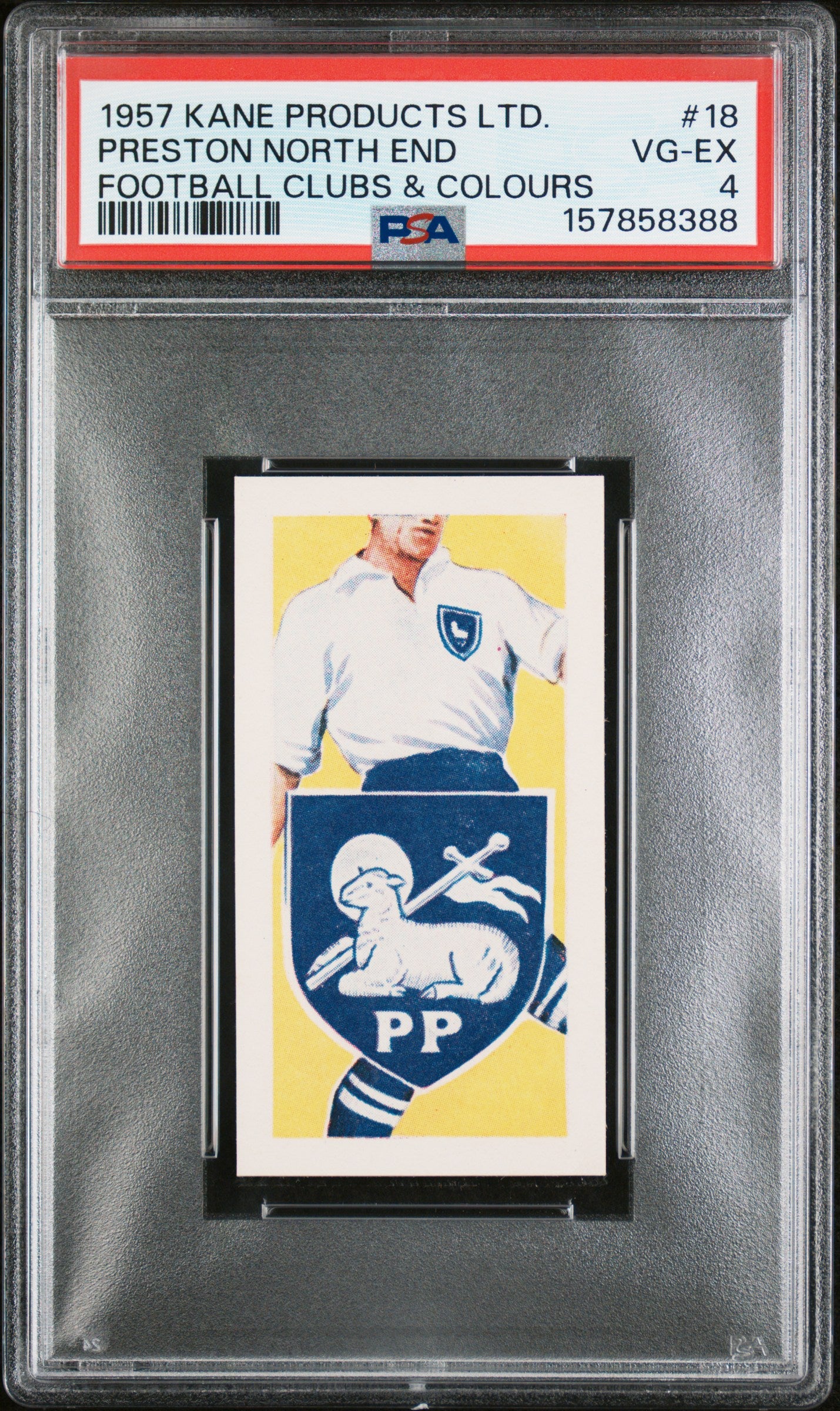 1957 KANE PRODUCTS LTD. FOOTBALL CLUBS & COLOURS PRESTON NORTH END #18 FOOTBALL CLUBS & COLOURS PSA 4