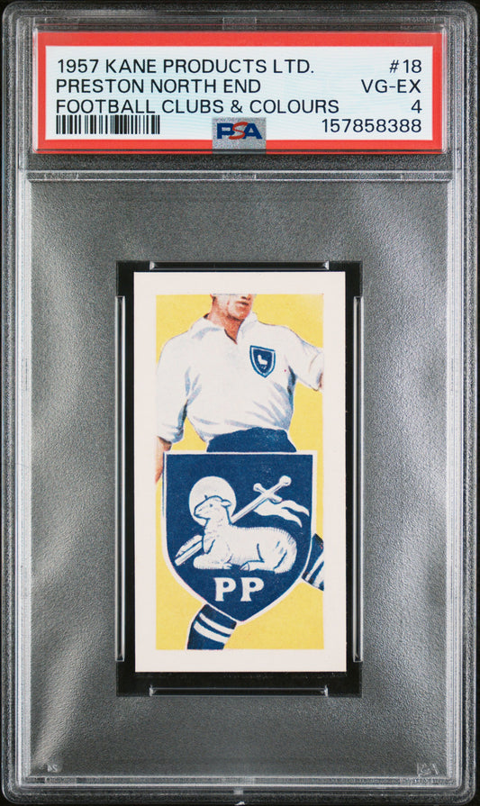 1957 KANE PRODUCTS LTD. FOOTBALL CLUBS & COLOURS PRESTON NORTH END #18 FOOTBALL CLUBS & COLOURS PSA 4