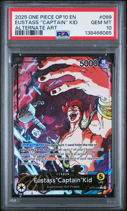 2025 ONE PIECE OP10-ROYAL BLOOD EUSTASS CAPTAIN KID #099 ALTERNATE ART PSA 10