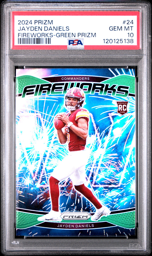 2024 PANINI PRIZM FIREWORKS JAYDEN DANIELS #24 FIREWORKS-GREEN PRIZM PSA 10