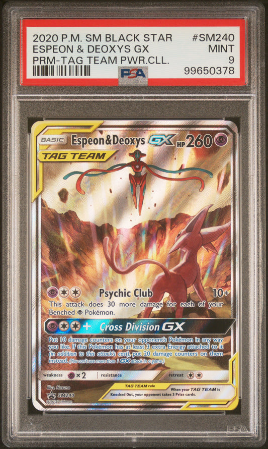2020 POKEMON SM BLACK STAR PROMO ESPEON & DEOXYS GX #SM240 PRM-TAG TEAM PWR.CLL. PSA 9