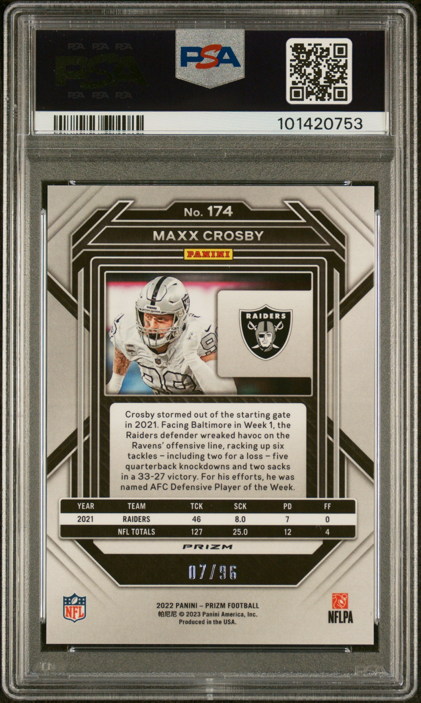 2022 PANINI PRIZM MAXX CROSBY #174 BLUE SPARKLE PSA 10