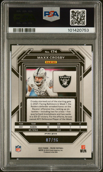 2022 PANINI PRIZM MAXX CROSBY #174 BLUE SPARKLE PSA 10