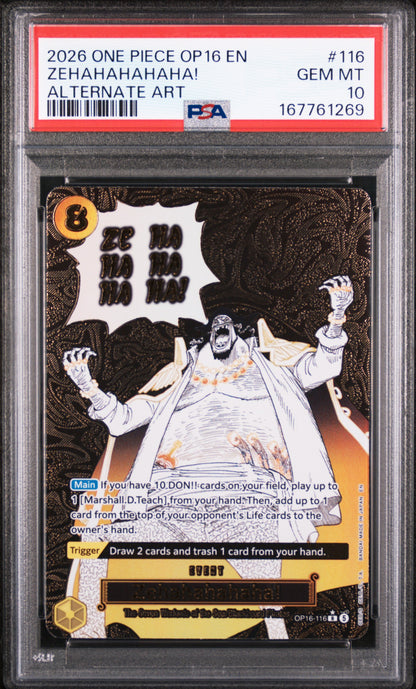 2026 ONE PIECE OP16-THE TIME OF BATTLE ZEHAHAHAHAHA! #116 ALTERNATE ART PSA 10