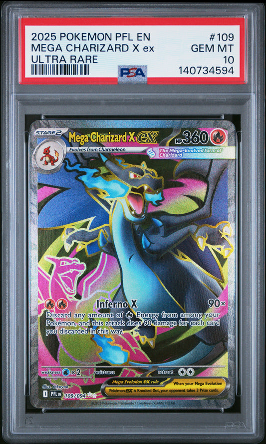 2025 POKEMON PFL EN-PHANTASMAL FLAMES MEGA CHARIZARD X ex #109 ULTRA RARE PSA 10