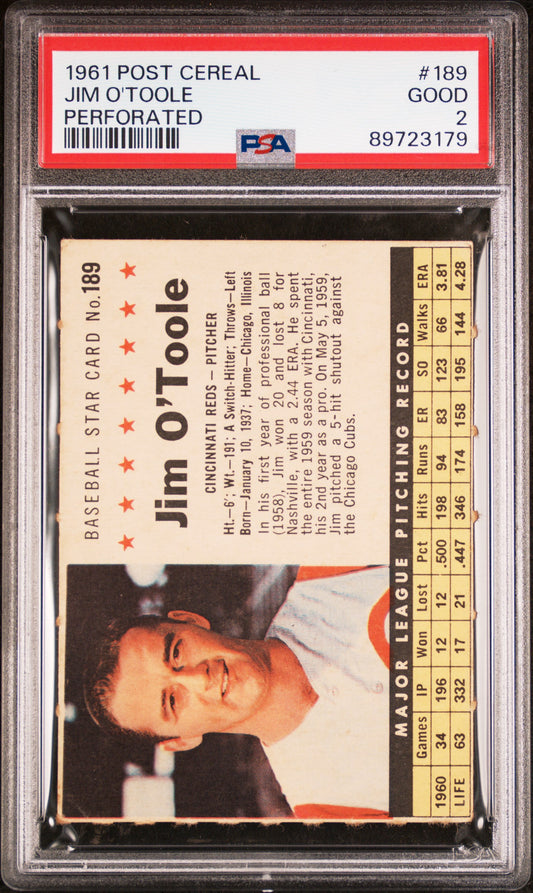 1961 POST CEREAL JIM O'TOOLE #189 PERFORATED PSA 2