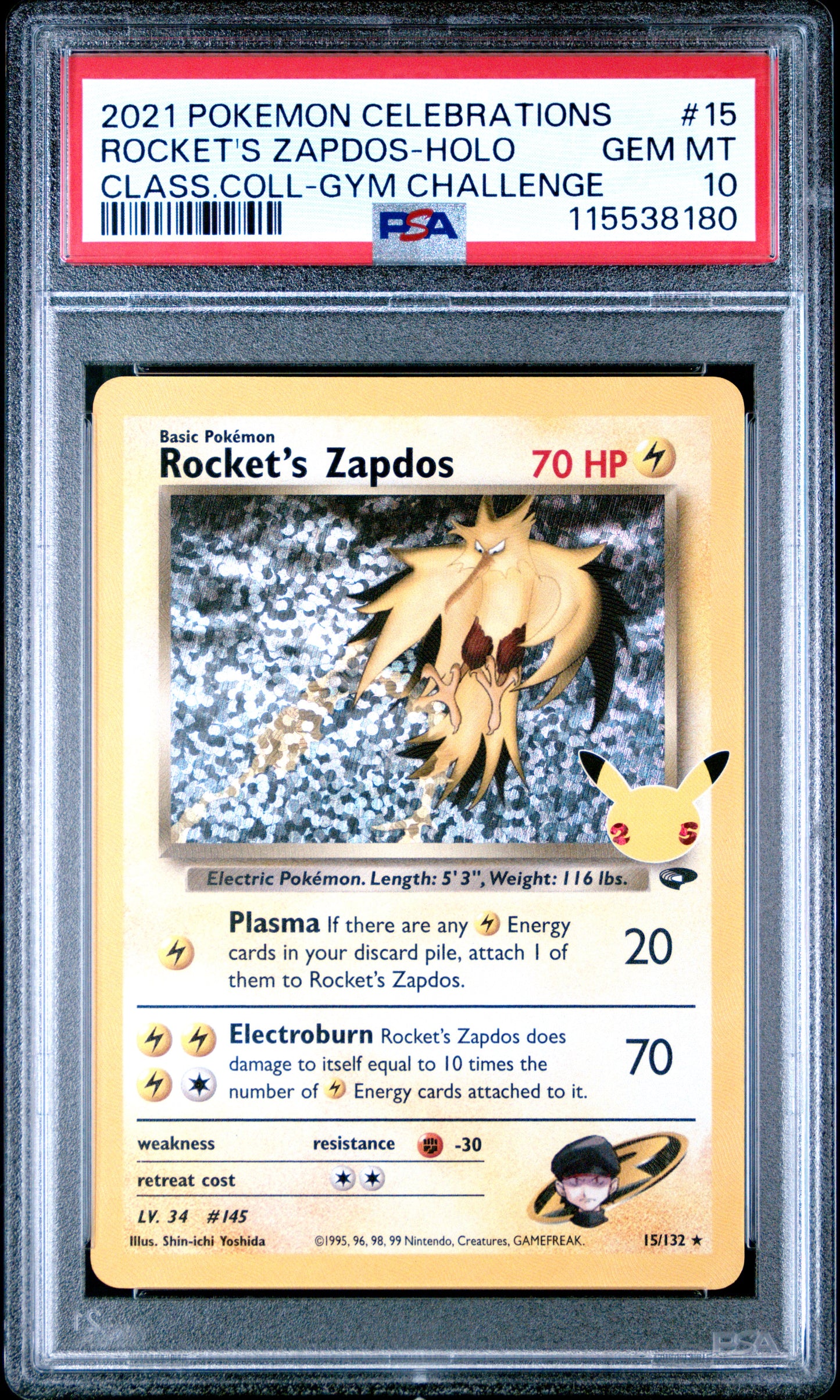 2021 POKEMON CELEBRATIONS CLASSIC COLLECTION ROCKET'S ZAPDOS-HOLO #15 CLASS.COLL-GYM CHALLENGE PSA 10